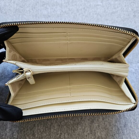 Kate Spade Zip Around Leather Wallet Organize Black White Bow Gold Accents - Picture 10 of 16